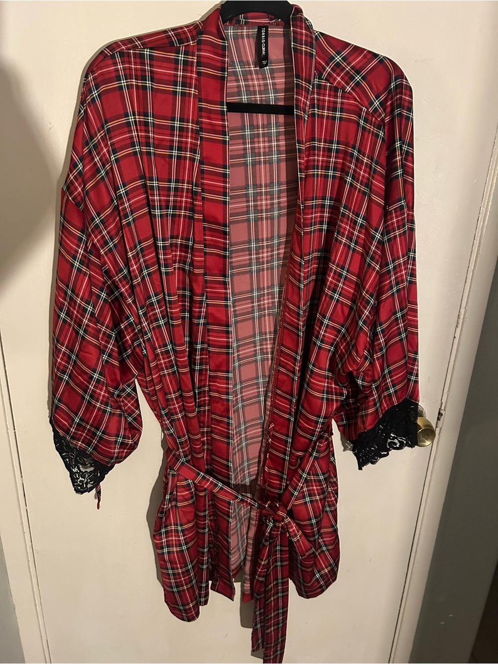 Red Plaid Women's Robe with Lace Trim